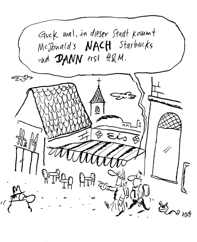 Der Cartoon von „Hauck & Bauer“ zeigt zwei Personen, die durch eine Innenstadt laufen. Cartoon: Hauck & Bauer